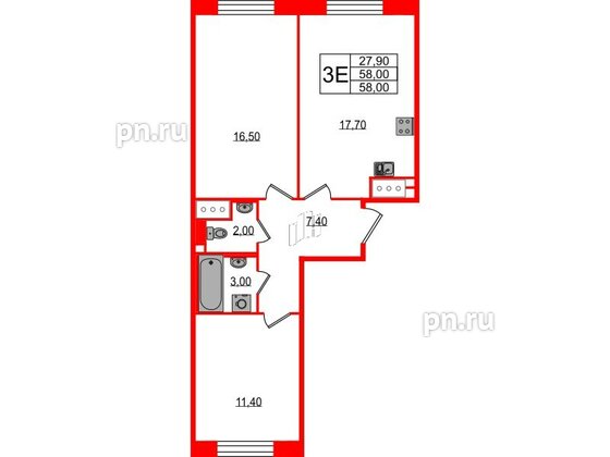 Квартира в ЖК Большая Охта, 2 комнатная, 58 м², 3 этаж