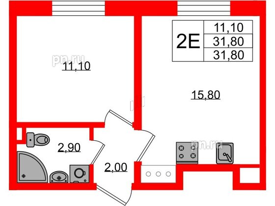 Квартира в ЖК Ржевский парк, 1 комнатная, 31.8 м², 3 этаж