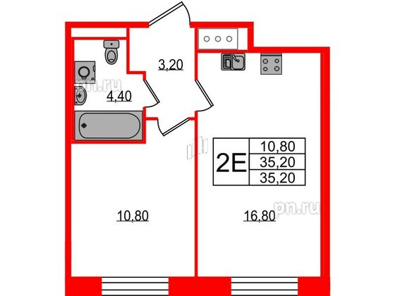 Квартира в ЖК Большая Охта, 1 комнатная, 35.2 м², 3 этаж