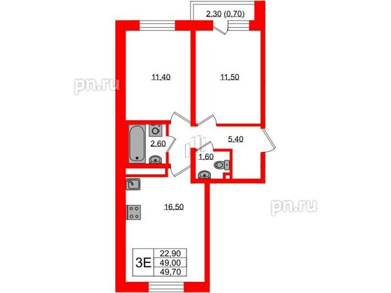 Квартира в ЖК Ржевский парк, 2 комнатная, 49.7 м², 4 этаж