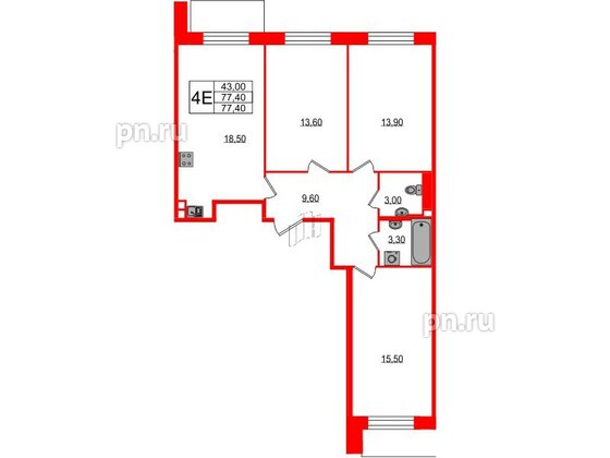 Квартира в ЖК Большая Охта, 3 комнатная, 77.4 м², 2 этаж