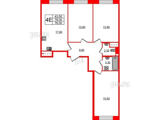 Квартира в ЖК Большая Охта, 3 комнатная, 76 м², 3 этаж