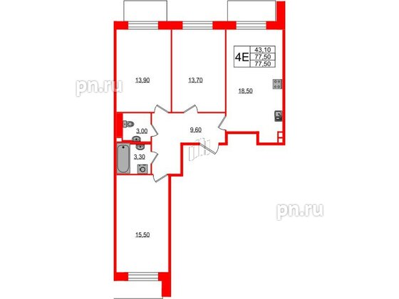 Квартира в ЖК Большая Охта, 3 комнатная, 77.5 м², 2 этаж