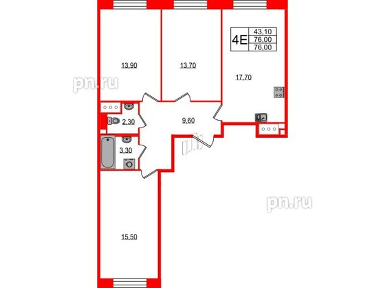 Квартира в ЖК Большая Охта, 3 комнатная, 76 м², 3 этаж