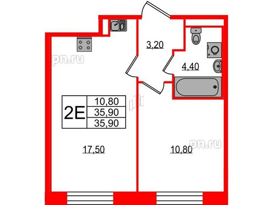 Квартира в ЖК Большая Охта, 1 комнатная, 35.9 м², 2 этаж