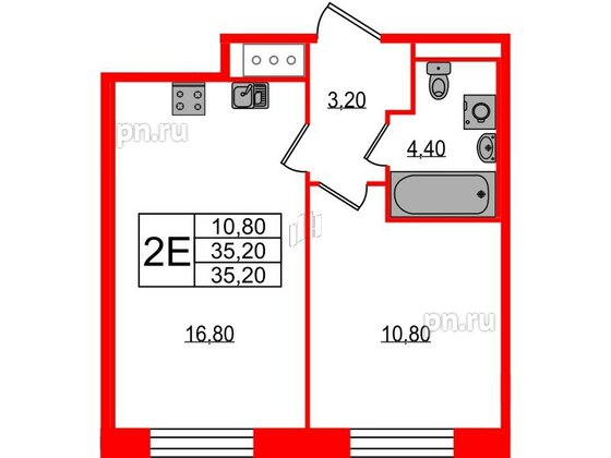 Квартира в ЖК Большая Охта, 1 комнатная, 35.2 м², 3 этаж