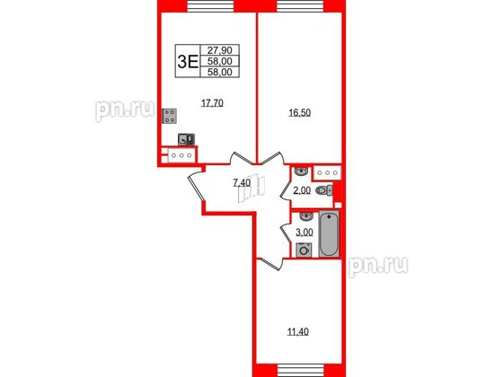 Квартира в ЖК Большая Охта, 2 комнатная, 58 м², 3 этаж