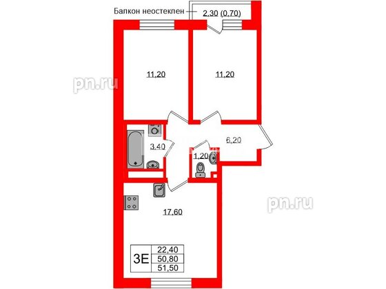 Квартира в ЖК Ржевский парк, 2 комнатная, 51.5 м², 5 этаж
