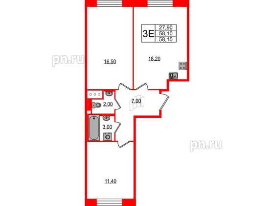 Квартира в ЖК Большая Охта, 2 комнатная, 58.1 м², 3 этаж