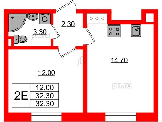 Квартира в ЖК «Ржевский парк», 1 комнатная, 32.3 м², 2 этаж