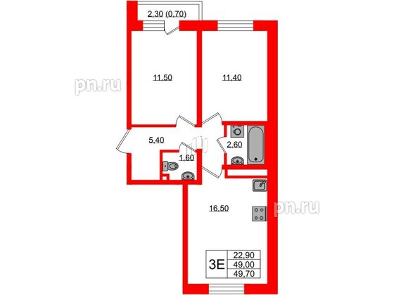 Квартира в ЖК Ржевский парк, 2 комнатная, 49.7 м², 3 этаж