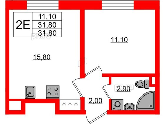 Квартира в ЖК Ржевский парк, 1 комнатная, 31.8 м², 2 этаж