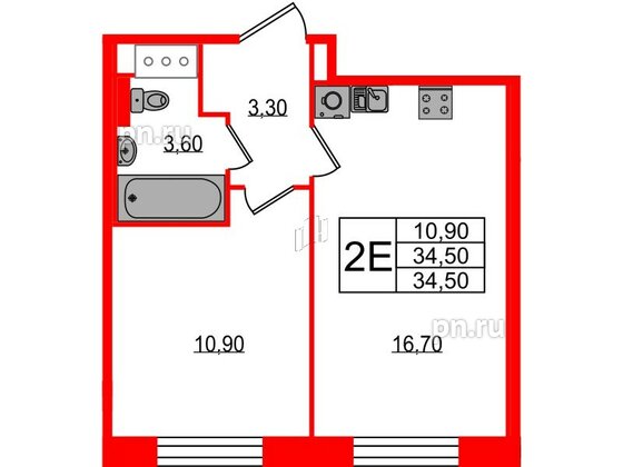 Квартира в ЖК Большая Охта, 1 комнатная, 34.5 м², 3 этаж