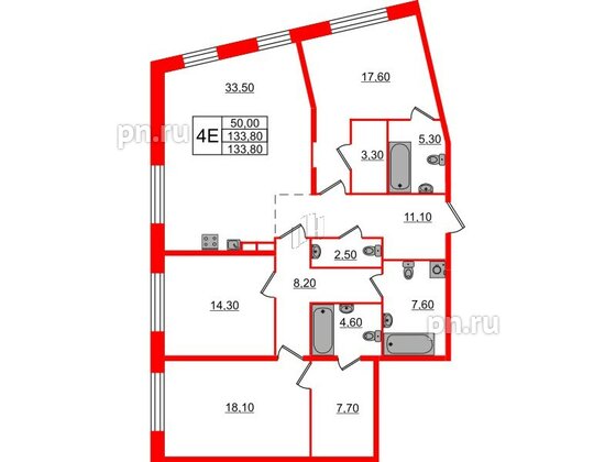 Квартира в ЖК «ЛДМ», 3 комнатная, 133.8 м², 4 этаж