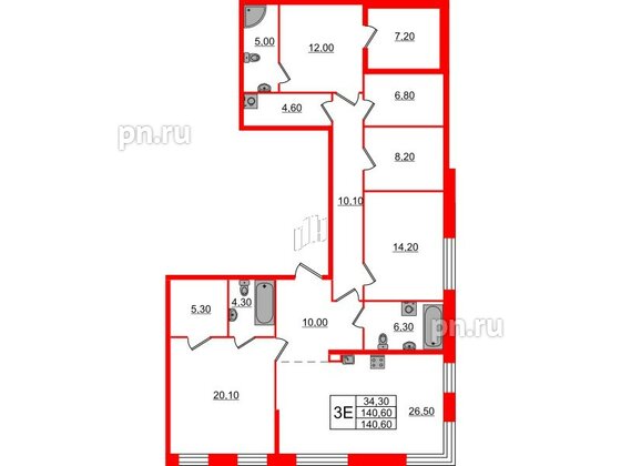 Квартира в ЖК ЛДМ, 2 комнатная, 140.6 м², 3 этаж