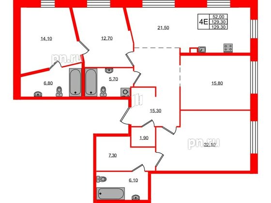 Квартира в ЖК «ЛДМ», 3 комнатная, 129.3 м², 2 этаж