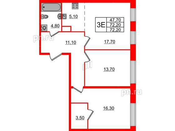 Квартира в ЖК «ЛДМ», 3 комнатная, 72.2 м², 7 этаж