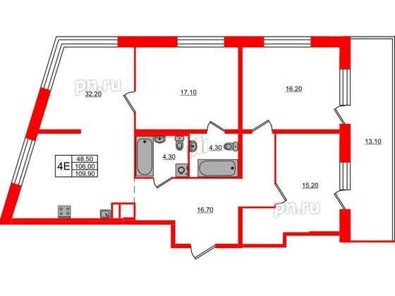 Квартира в ЖК ЛДМ, 3 комнатная, 109.9 м², 9 этаж