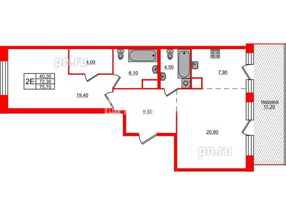 Квартира в ЖК «ЛДМ», 1 комнатная, 75.7 м², 9 этаж