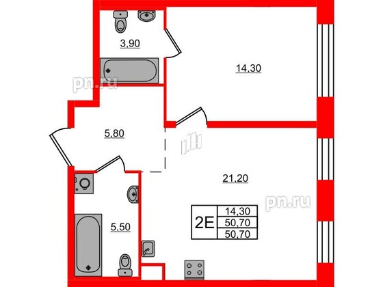 Квартира в ЖК «ЛДМ», 1 комнатная, 50.7 м², 7 этаж
