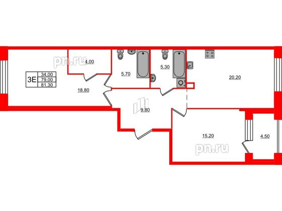 Квартира в ЖК «ЛДМ», 2 комнатная, 81.3 м², 3 этаж