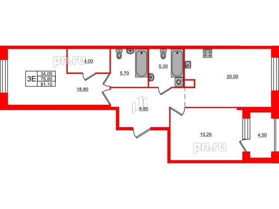 Квартира в ЖК ЛДМ, 2 комнатная, 81.1 м², 6 этаж