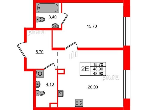 Квартира в ЖК ЛДМ, 1 комнатная, 48.9 м², 3 этаж