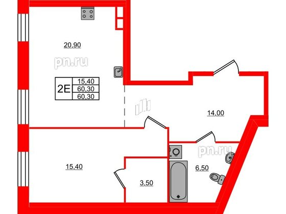 Квартира в ЖК ЛДМ, 1 комнатная, 60.3 м², 3 этаж