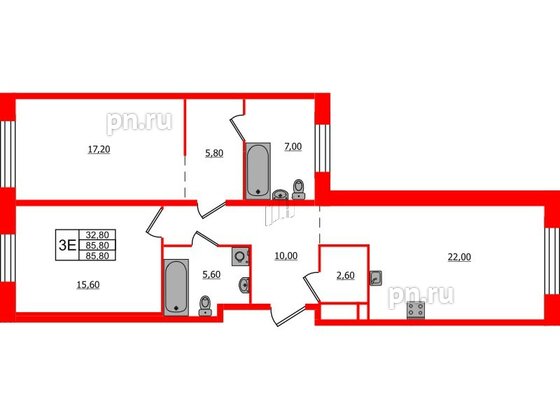 Квартира в ЖК ЛДМ, 2 комнатная, 85.8 м², 8 этаж