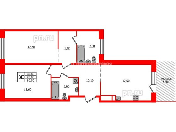 Квартира в ЖК «ЛДМ», 2 комнатная, 80.5 м², 9 этаж