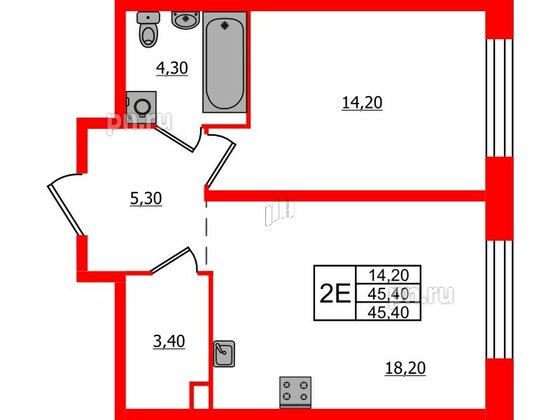 Квартира в ЖК ЛДМ, 1 комнатная, 45.4 м², 2 этаж