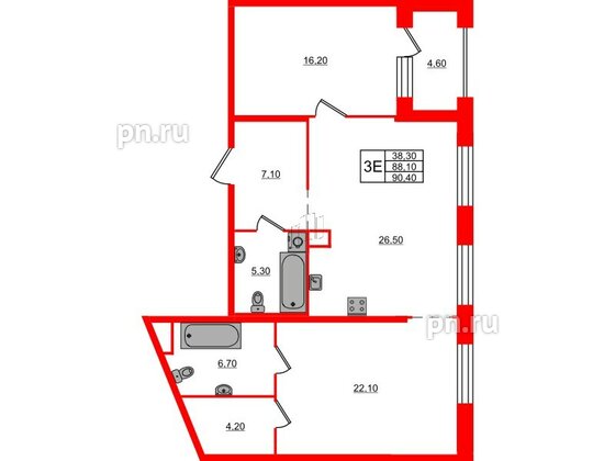 Квартира в ЖК ЛДМ, 2 комнатная, 90.4 м², 5 этаж