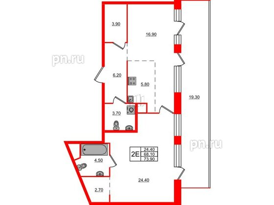 Квартира в ЖК ЛДМ, 1 комнатная, 73.9 м², 9 этаж