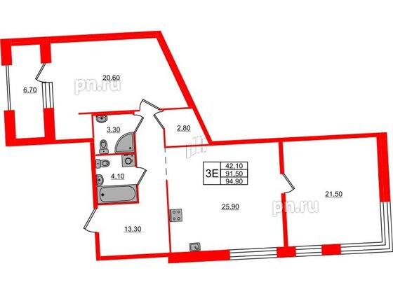 Квартира в ЖК «ЛДМ», 2 комнатная, 94.9 м², 5 этаж