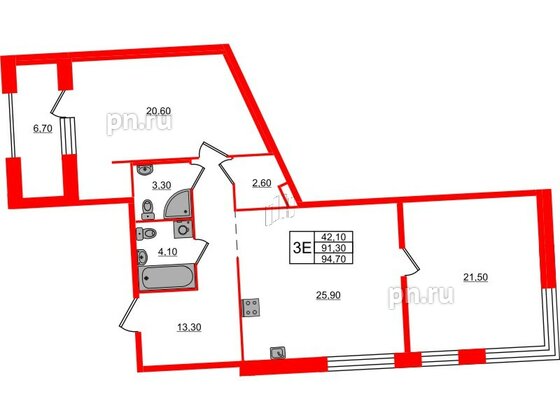 Квартира в ЖК ЛДМ, 2 комнатная, 94.7 м², 7 этаж