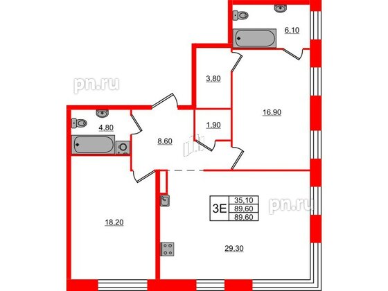 Квартира в ЖК ЛДМ, 2 комнатная, 89.6 м², 3 этаж