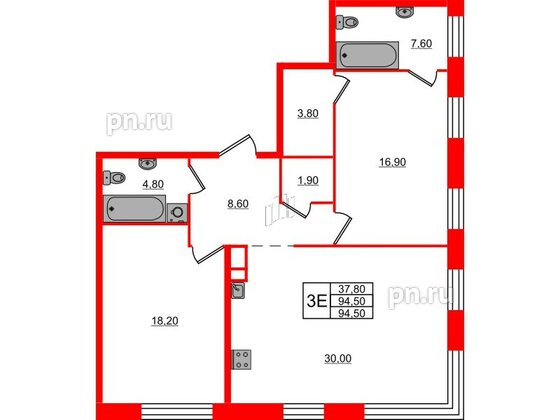 Квартира в ЖК ЛДМ, 2 комнатная, 94.5 м², 7 этаж