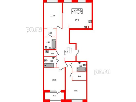 Квартира в ЖК ЛДМ, 3 комнатная, 130.7 м², 5 этаж