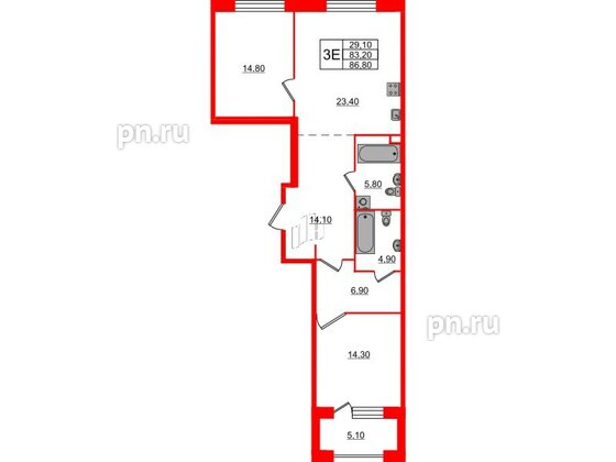 Квартира в ЖК ЛДМ, 2 комнатная, 86.8 м², 2 этаж