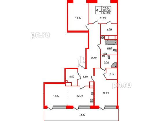 Квартира в ЖК ЛДМ, 4 комнатная, 124.9 м², 9 этаж