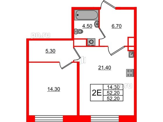 Квартира в ЖК «ЛДМ», 1 комнатная, 52.2 м², 7 этаж