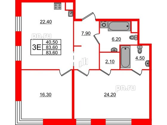 Квартира в ЖК ЛДМ, 2 комнатная, 83.6 м², 8 этаж