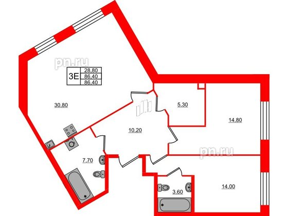 Квартира в ЖК «ЛДМ», 2 комнатная, 86.4 м², 2 этаж