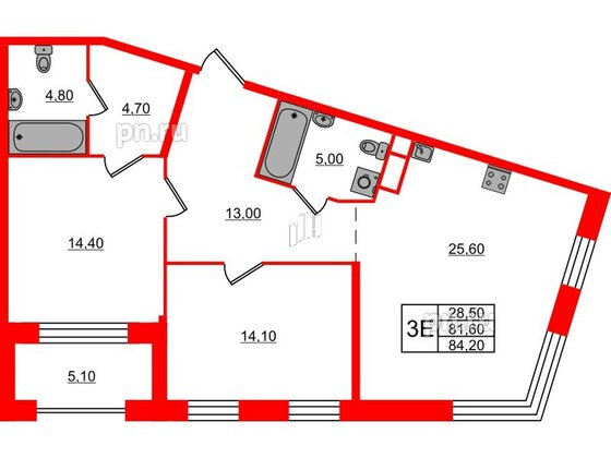 Квартира в ЖК «ЛДМ», 2 комнатная, 84.2 м², 7 этаж