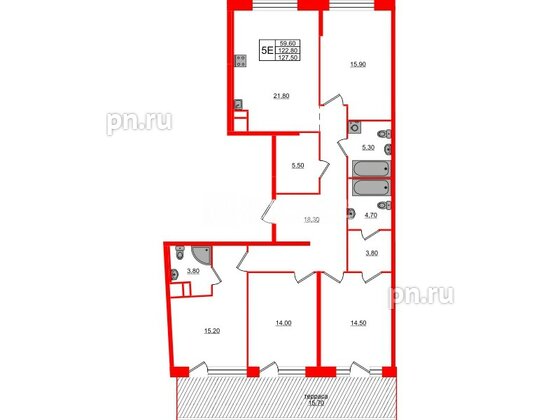 Квартира в ЖК «ЛДМ», 4 комнатная, 127.5 м², 9 этаж