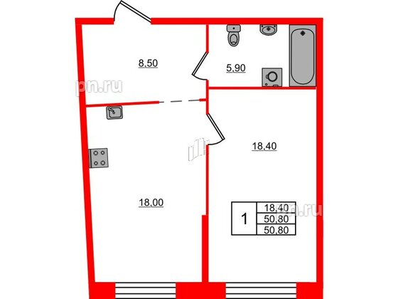 Квартира в ЖК «ЛДМ», 1 комнатная, 50.8 м², 2 этаж