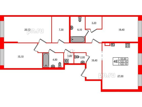 Квартира в ЖК ЛДМ, 3 комнатная, 122.1 м², 2 этаж