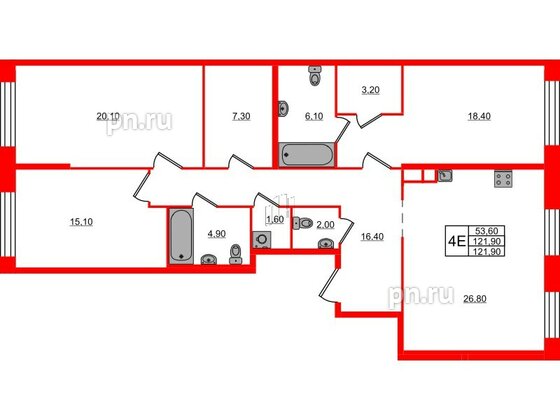 Квартира в ЖК ЛДМ, 3 комнатная, 121.9 м², 3 этаж