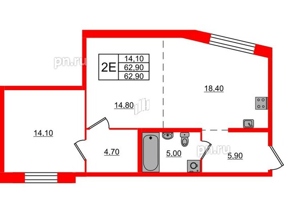 Квартира в ЖК ЛДМ, 1 комнатная, 62.9 м², 5 этаж