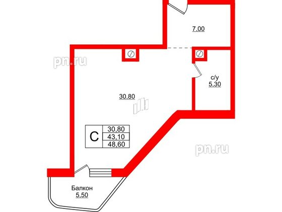 Апартаменты в ЖК Русь-2, студия, 48.6 м², 2 этаж